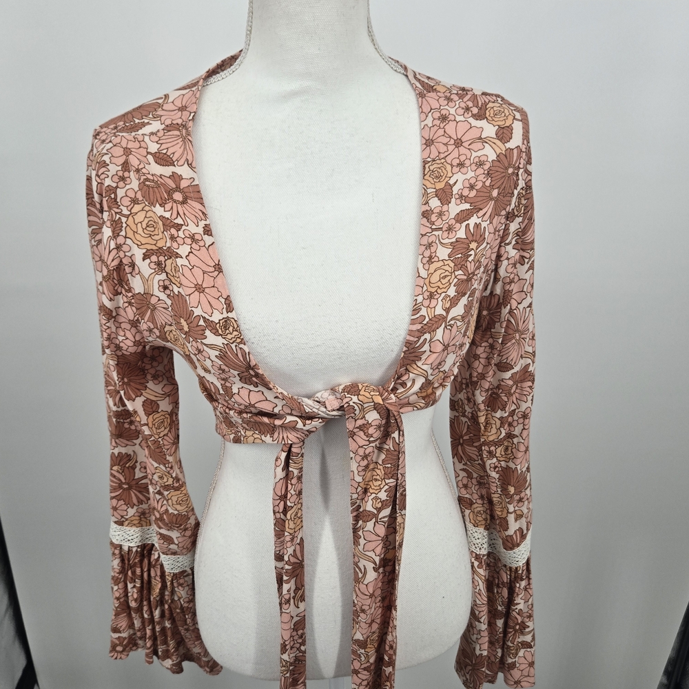 The Hippie Shake Orange Cream Floral Tie-Front Crop Top Size 10 (6560)